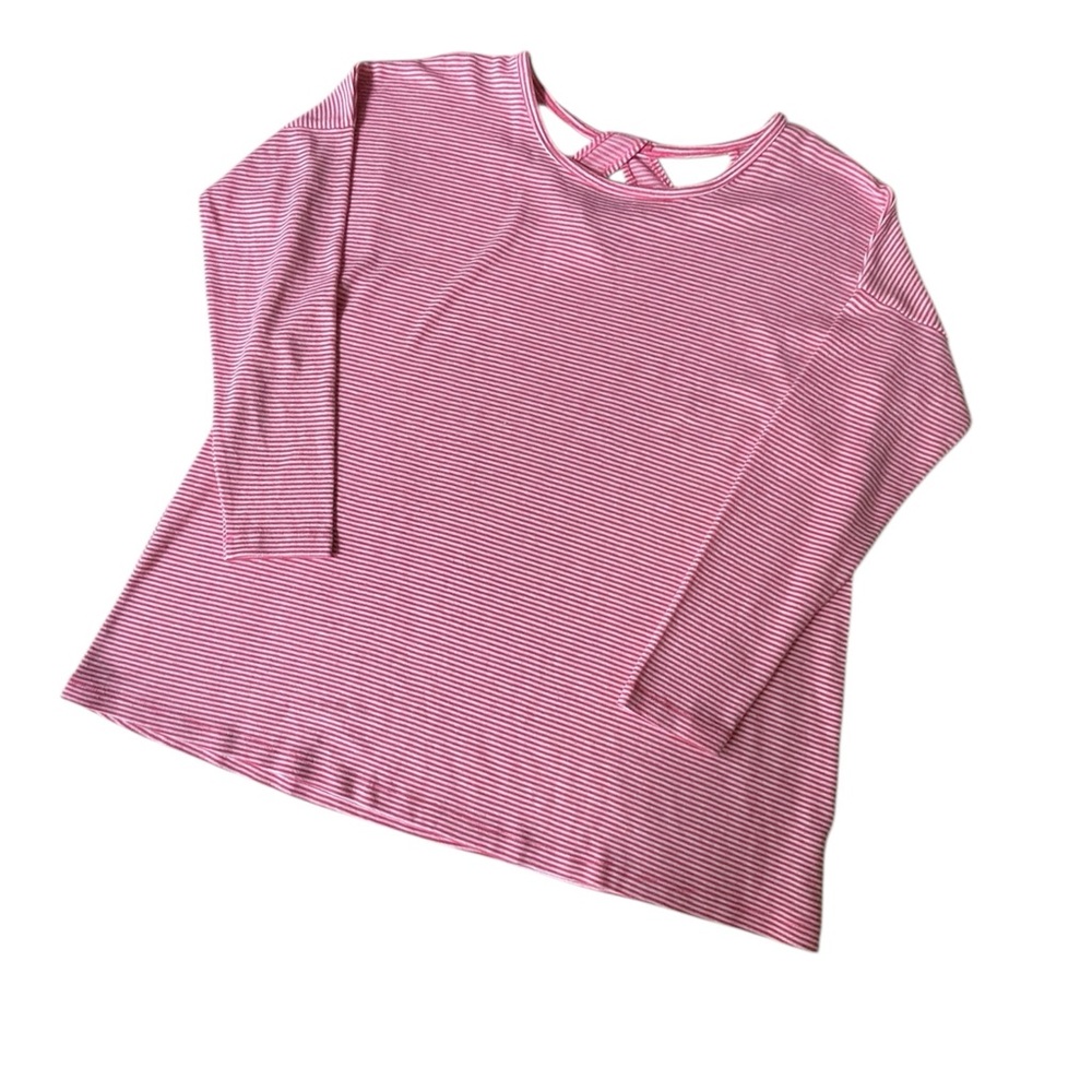Soft Surroundings Micro Stripe Twist Back Tunic Blouse, Rose Coral/White, L - Picture 3 of 9